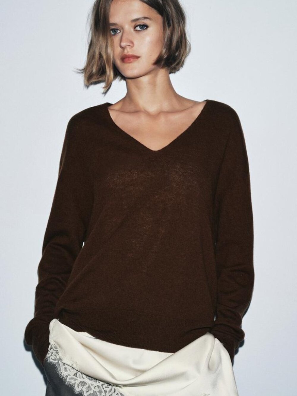 ZARA 100% Wool V Neck Sweater Chocolate Brown RWS Wool XL NWT Fall Winter Basic